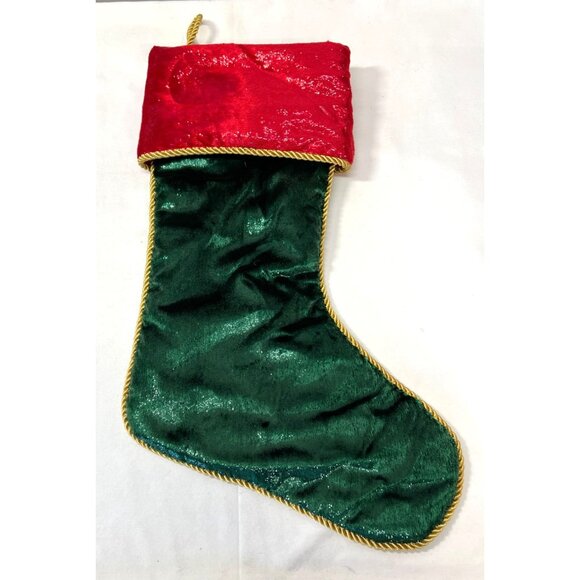 Velvet Christmas Stocking Red Cuff Green Body Gold Trim & Hanging Loop - Picture 1 of 3
